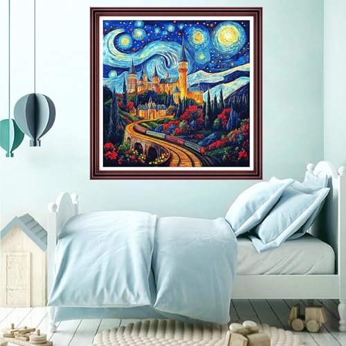 Funchey Counted Cross Stitch Kits for Adults Needlepoint Kits Unprinted Cross Stitching Embroidery Kit 11CT Cross Stitch Supplies-Starry Night Train Castle 18x18 inch - color: ArtsKits09