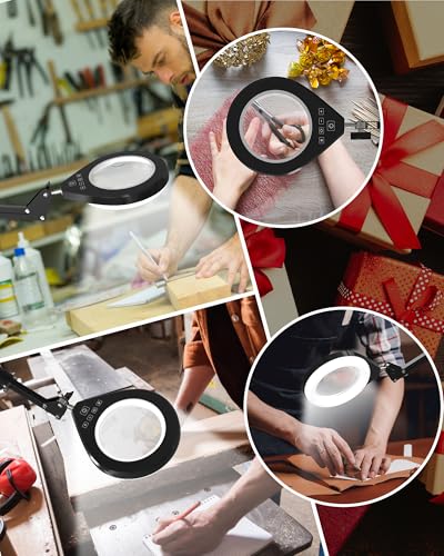 Magnifying Glass with Light, 10X & 5X Real Glass & Anti-Glare Lens, 5 Color Mode Stepless Dimmable LED Desk Magnifying Lamp, Hands-Free Desk Lamp with Clamp for Crafts Reading Repair Hobby (White)