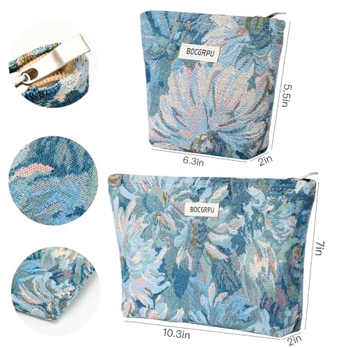 2 Pcs Aesthetic Oil Painting Blue Floral Cosmetic Bag Travel Makeup Pouch - color: Flower Blue