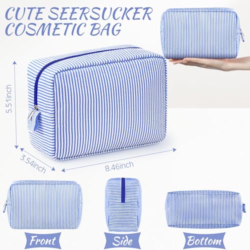 Sanwuta 3 Pcs Seersucker Makeup Bags, Navy Blue, Green, Lake Blue - color: Navy Blue, Green, Lake Blue