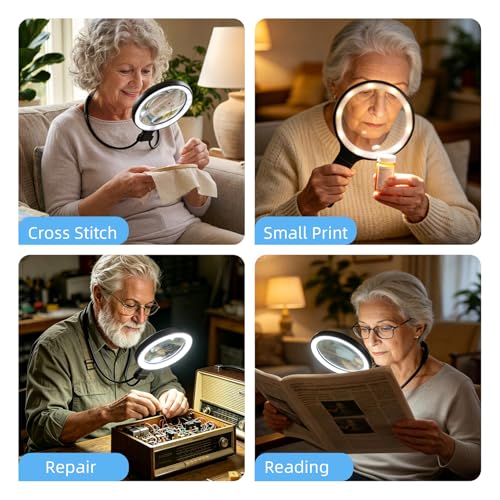 Dilzekui 5X&10X Neck Handheld 2-in-1 Magnifying Glass for Reading w/Light - color: Black