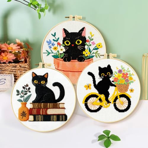 Zhenqing 3-Piece Black Cat Cross Stitch Kit for Beginners - Complete Set with Pre-Printed 11CT 24x24cm Fabric, Hoop, Threads & Tools (3 Adorable Cat Designs)(70403) - color: 70403