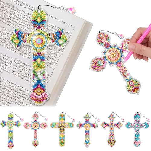 Ireer 6 Pcs Cross 5d Diamond Art Bookmarks for Adult，DIY Painting Kit - style: Vintage