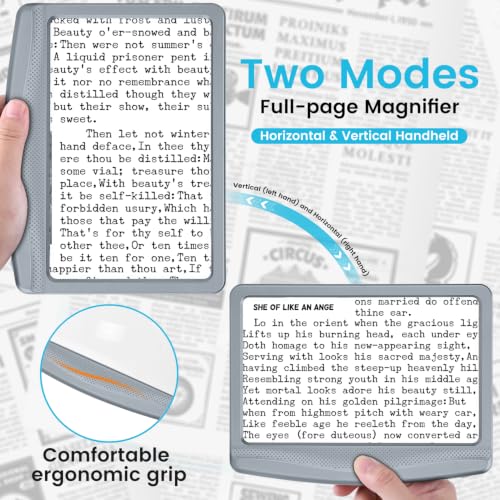 Rechargeable 5X Magnifying Glass for Reading, Large Bright Full Page Magnifier with Light, Handheld LED Dimmable Lighted, Lightweight Book Magnifier for Reading Small Prints Seniors - Gray - color: Gray