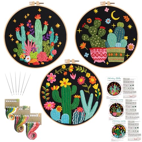Nuberlic 3 Pack Embroidery Kit for Beginners with Cactus Pattern - color: Cactus