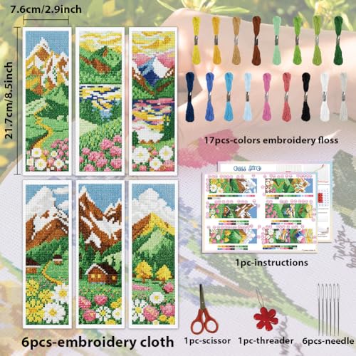 ACRNIGHEET 6PCS Cross Stitch Bookmark Kit for Beginner Stamped Cross Stitch Kits for Adults Mountain Fields DIY Embroidery Bookmark Kits Needlepoint Kit with Instructions Craft Gift 8.5''x3'' 11CT - style: Landscape Patterns 4