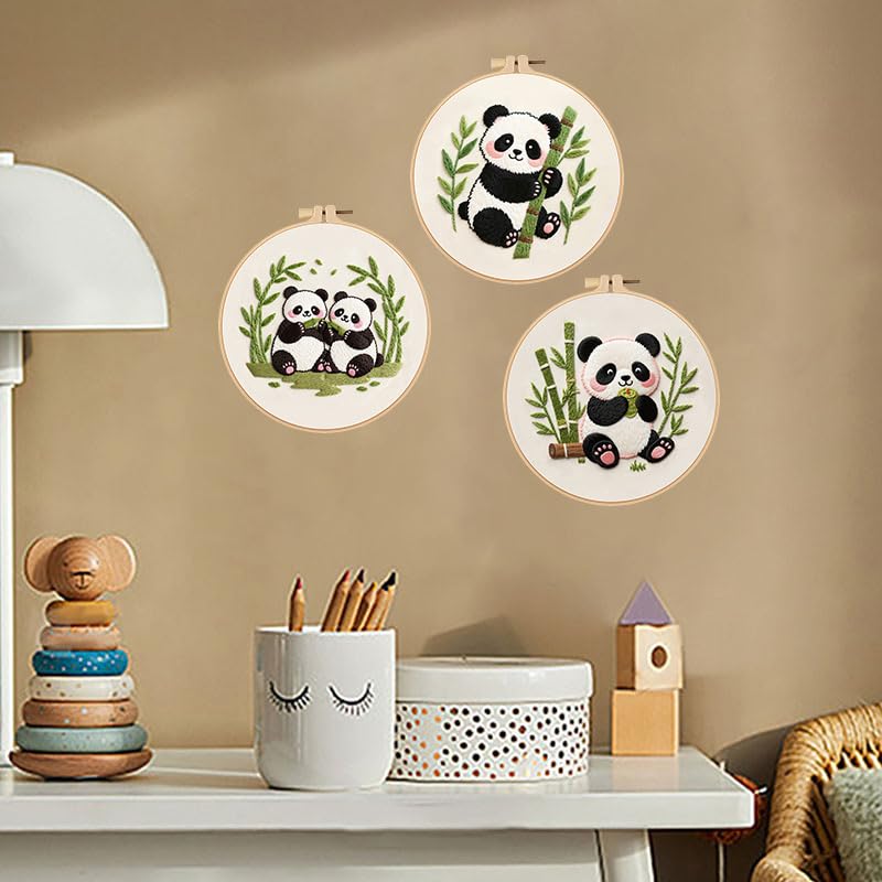 Konrisa Panda Embroidery Starter Kit for Beginners, Cross Stitch Kit with 3pcs Embroidery Pattern, DIY Sewing Project Adult Needlepoint Kit with Hoop, Set of 3 - color: panda