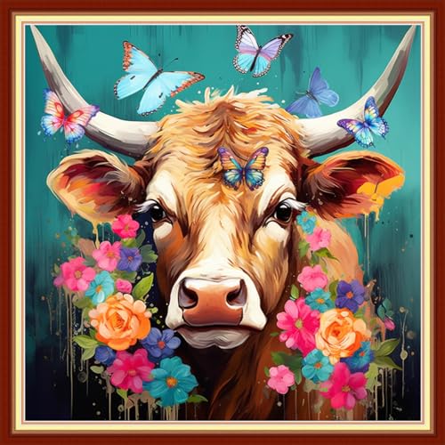 Disxvivy Cross Stitch Stamped Full Embroidery Kits DIY 11CT Cotton Thread Printed DIY Needlepoint Kits Craft Needlework Set Cross-Stitch Stamped Sets-Colored Cow Flower 18x18 inch - color: Artstyle13