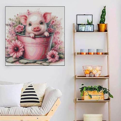 Cute Pig Stamped Cross Stitch Kits for Adults Beginner, Flowers Dimensions Needlepoint Art Crafts Embroidery Kits for Adults Beginners 13.7x13.7 inches - color: D061
