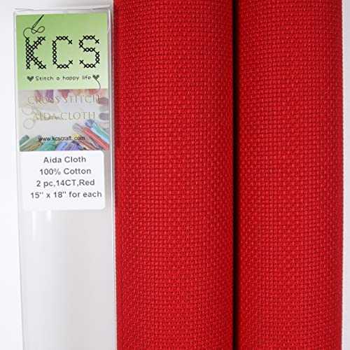 KCS 2 pc of 15" x 18" Counted Cross Stitch Cotton Aida Cloth Needlework Fabric (Red, 14CT) - color: Red, size: 14CT