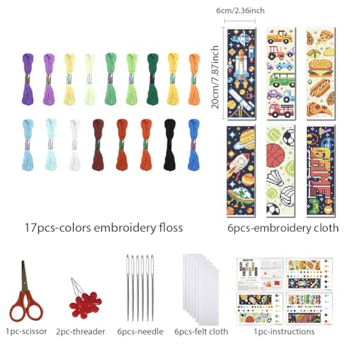 FREEBLOSS 6 Set Cross Stitch Bookmark Kit 11 CT Stamped Cross Stitch Kit DIY Embroidery Bookmark Kits for Adult Beginners with Instructions, Boy Theme, 6 x 20 cm/8" x 2.4" - style: Boys