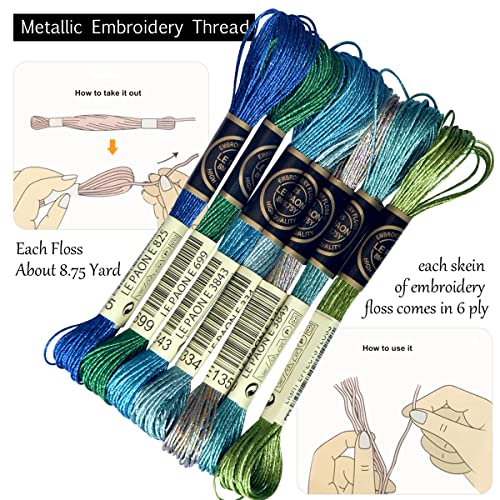 LE PAON Embroidery Floss Metallic Thread (Blue-Green Series) - color: Blue-green series, size: 7 skiens
