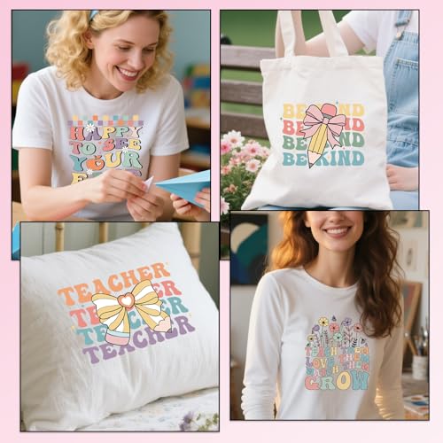 Dtf Transfers Ready to Press - 20 Pcs Teacher Iron on Patches for T-Shirts, Colorful Bow Daisy Heat Transfer Designs Vinyl Stickers, Inspirational Iron on Decals for DIY Clothes Bags - color: Teacher