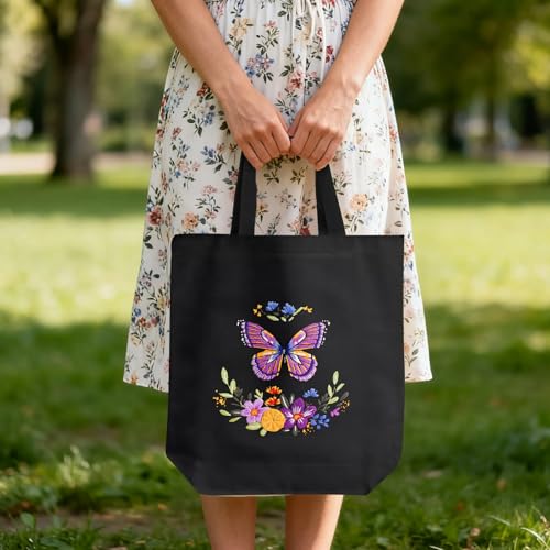 ERKOON Canvas Tote Bag Embroidery Kit for Beginners, Needlepoint Arts Crafts Cross Stitch Kits for Adults Including Stamped Embroidery Bag with Hoops, Needle, Instruction and Color Threads (Butterfly) - color: Butterfly-Black