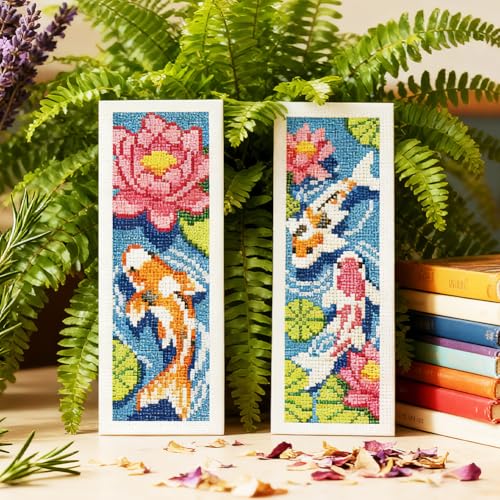 INFUNLY 6 Set Koi Fish DIY Cross Stitch Bookmark Kits for Adults Lotus Pond Counted Cross Stitch Kit with Instructions Koi Fishes Stamped Embroidery Bookmark Kit for Book Lovers Readers Gift - style: Koi Fish