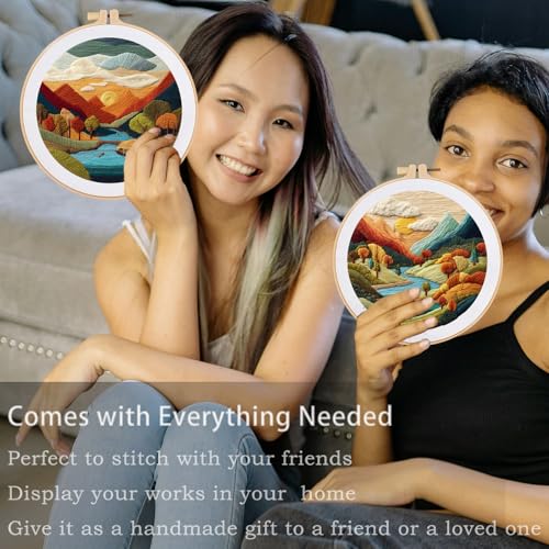 FONNUY Embroidery Kit for Beginners, Brightly Colored Landscape Lake Pre-Stamped Pattern Kits for Adults with Hoop, Easy to Follow Color Thread Needlework, 8'' Hoop (SkyBlue) - color: SkyBlue