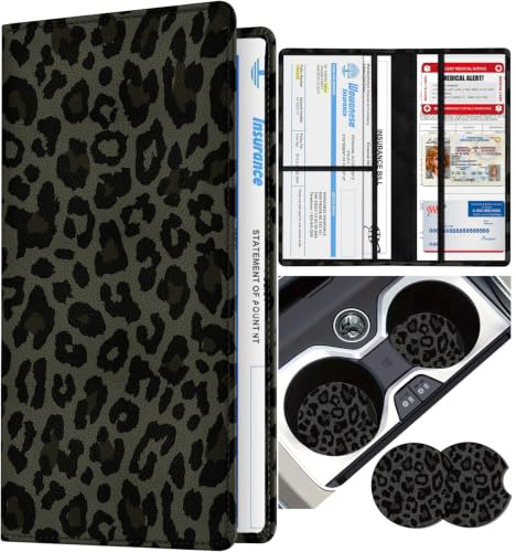 Slohif Car Registration and Insurance Holder with 2 Car Coasters, Elegant - color: Black Leopard