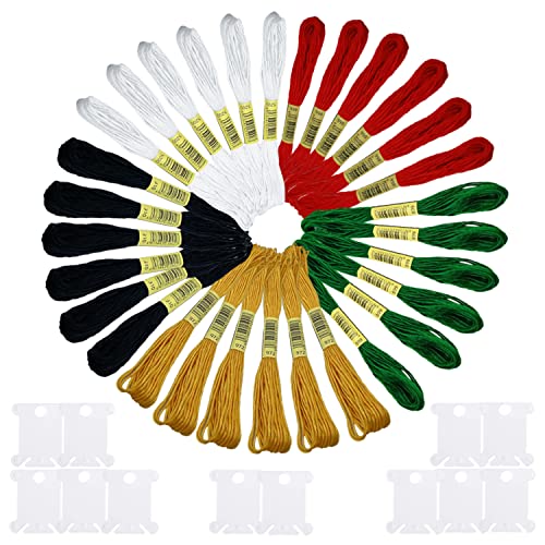30 Skeins Embroidery Thread,Black White Red Green Golden Embroidery Floss for Cross Stitch and DIY Art Craft,Friendship Bracelets String,with 12 PCS Floss Bobbins - color: White black red green golden