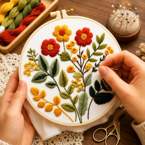 Zhenqing Floral Embroidery Kit for Beginners, Wildflower Botanical Needlework Kit with Pre-Printed Cotton Fabric, Hoop, Threads & Tools, Flower Wall Decor (C0126) - color: Vintage Wildflower