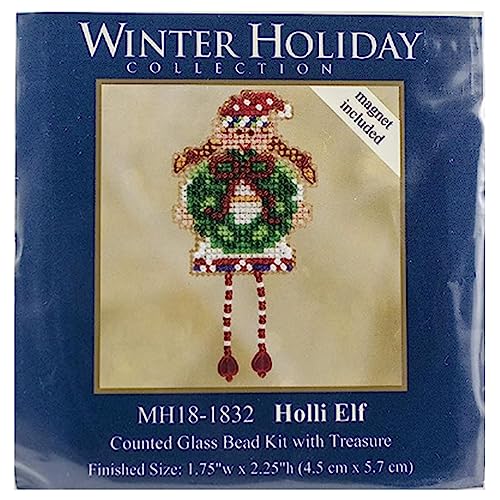 Oli Elf and Holli Elf Beaded Counted Cross Stitch Christmas Ornament Kits Mill Hill Winter Holiday Collection, Plus 'Needleworker' Sticker
