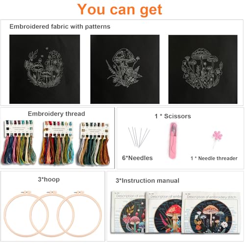 Myfelicity Embroidery Kit with Mushroom Patterns, 3 Hoops, Fabric, Threads, Needles, Instructions (Colorful) - color: colorful