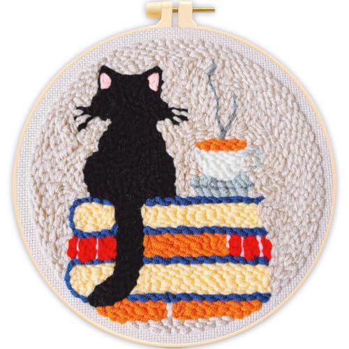 Punch Needle Kit for Beginners Adults-Cat Coffee, with Embroidery Hoop - color: Punch Needle kit-Cat Coffee