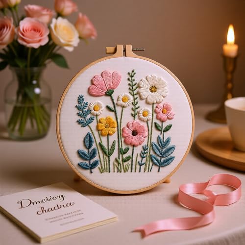 Embroidery Kit for Beginners & Adults Starter Kit, Cross Stitch Kits,DIY Hand Embroidery Needlepoint Set with Hoop, Pre-Printed Fabric, Threads and Instructions (Flower) - color: Flower
