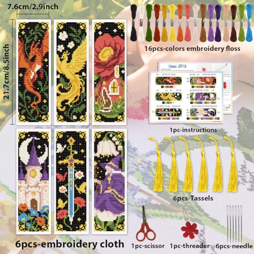 ACRNIGHEET 6PCS Cross Stitch Bookmark Kit for Beginner Fairy Tale Stamped Cross Stitch Kits Needlepoint Kit for Adults DIY Tassel Embroidery Bookmark Kits with Instructions Craft Gift 8.5"x3" 11CT - style: Fairy Tale Patterns