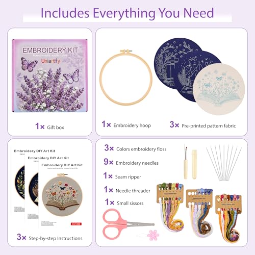 Uniartfy 3 Pack Embroidery Starter Kit, Stamped Book Flower Mountain Butterfly Cross Stitch Kits for Beginners, Needlepoint Kits Adults with Embroidery Hoop and Instructions, Hand Embroidery Kit - color: Embroidery Kit-P