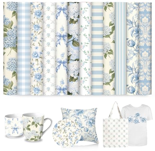 JarThenaAMCS 12 Sheets Blue Floral Heat Transfer Vinyl HTV Iron on Vinyl Watercolor Hydrangea Flower Bow Adhesive Vinyls for Spring Summer Clothing Costume DIY Fabric Crafts, 12 x 10 Inch - style: Blue Floral Bow