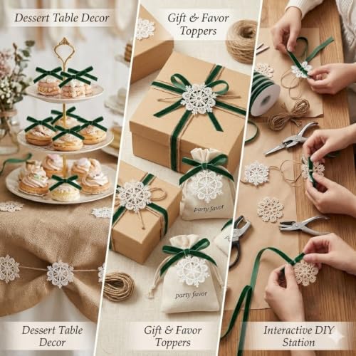 IDONGCAI Velvet Ribbon, Jute Twine & Lace Snowflake Craft Kit - color: Dark green