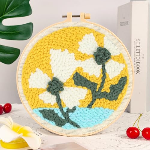 Woohome Punch Needle Kit Included Plastic Hoops, Punch Needle Cloth, Color Yarn and Punch Needle Tools for Adults, Beginners (White and Purple Flowers) - color: Color 18
