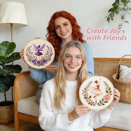Embroidery Kit for Adults, Pre-Stamped Pattern Embroidery Kit for Beginners, Needlepoint Starter Kit with Hoop Thread Needle Instruction, 7.9'' Hoop (Flower Fairy 3 Packs) - style: Flower Fairy 3 Packs