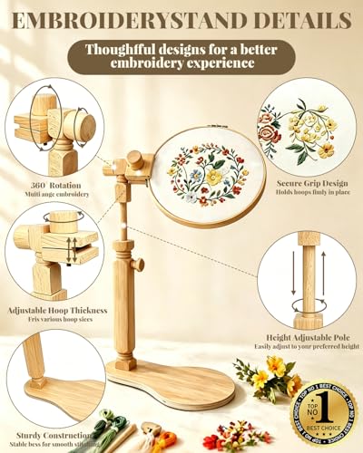 Wood Embroidery Hoop Stand Set, Needlepoint Stand for Lap, Embroidery Hoop Stand with Embroidery Kit for Beginners for Cross Stitch, Embroidery, and Art Craft Sewing Projects