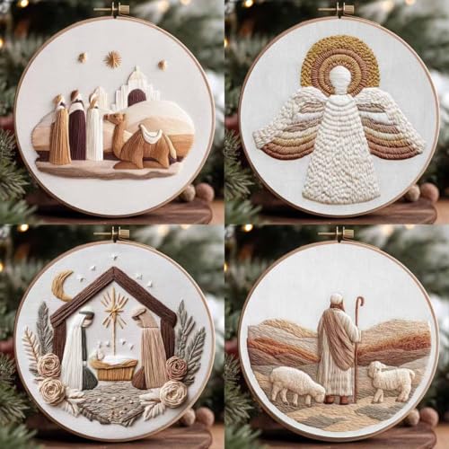 Nativity Embroidery Kit for Adults, Pre-Stamped Pattern Embroidery Kit for Beginners, Needlepoint Kit with Hoop Thread Needle Instruction, 7.9'' Hoop (Nativity 4 Packs) - style: Nativity 4 Packs