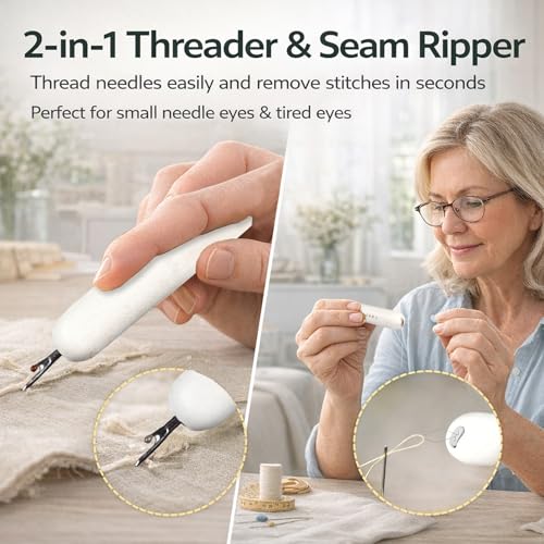 Pop-Up Needle Box Magnetic Needle Case, Sewing Needles Dispenser with 18Pcs Sewing Needles 3 Sizes and 2-in-1 Seam Ripper and Threader, Compact Sewing Kit Portable Basic DIY Home Repair - color: Whit-grey