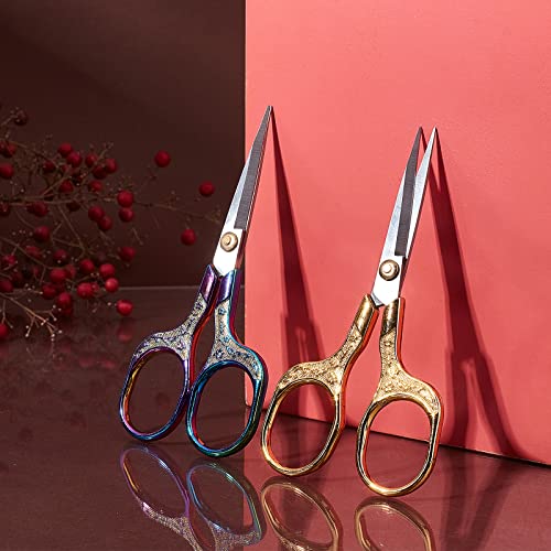 SUNNYCLUE 2Pcs 5 Inch Stainless Steel Embroidery Sewing Scissor Retro-Style Needlework Sewing Scissor with 2Pcs Protective Scissors Cover for Fabric Paper Cutting Craft Threading Use - color: Rainbow Color & Golden-2pcs-sewing Scissors With Cover