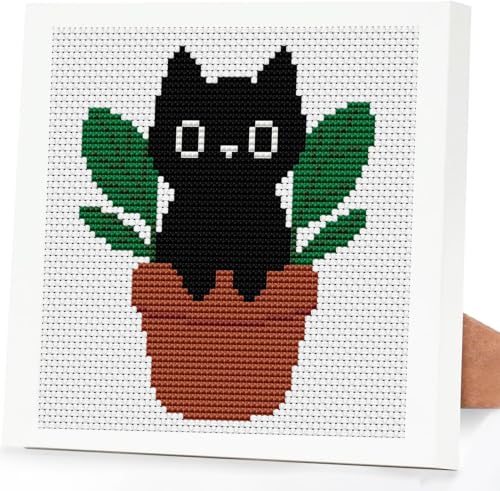 Black Cat Plants Stamped Cross Stitch Kits for Adults Beginners with Frame - color: Black Cat Plants Cross Stitch with Frame
