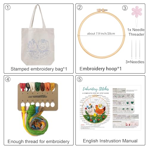 Louise Maelys Embroidery Kit Canvas Tote Bag, Chicken Floral Pattern - color: Rooster