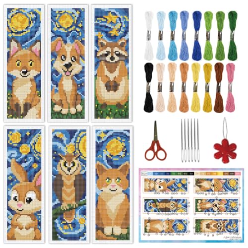 INFUNLY 6pcs Starry Sky Animals Cross Stitch Bookmark Kits for Adults Cat Dog DIY Cross Stitch Kit with Instructions Pre-Printed Art Fox Rabbits Stamped Embroidery Bookmark Kit for Book Readers Gift - style: Starry Sky Animals