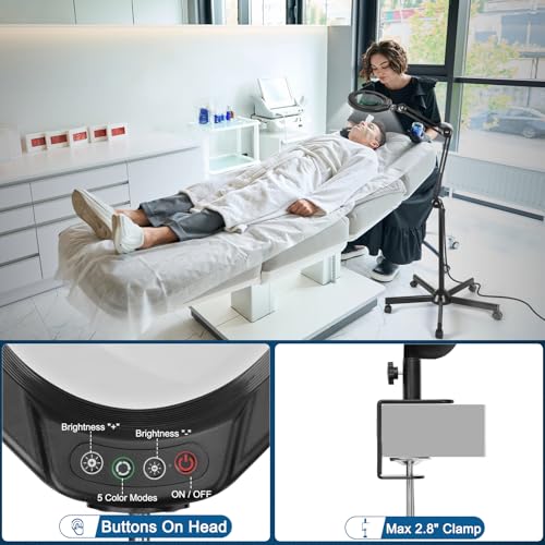 15X Magnifying Glass with Light and Stand, Super Bright 2,200 Lumens LED Magnifying Floor lamp with 5 Wheels Rolling Base, 5 Color Modes Stepless Dimming Lighted Magnifier for Esthetician - Black - color: Black