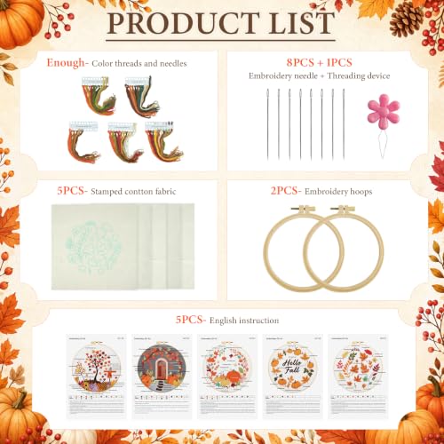5 Sets Fall Embroidery Kits for Beginners, Autumn Pumpkins and Maple Leaves Embroidery Starter Kit for Adults Thanksgiving Gifts with Stamped Pattern DIY Needlepoint Kit Cross Stitch Set with 2 Hoops - size: Fall
