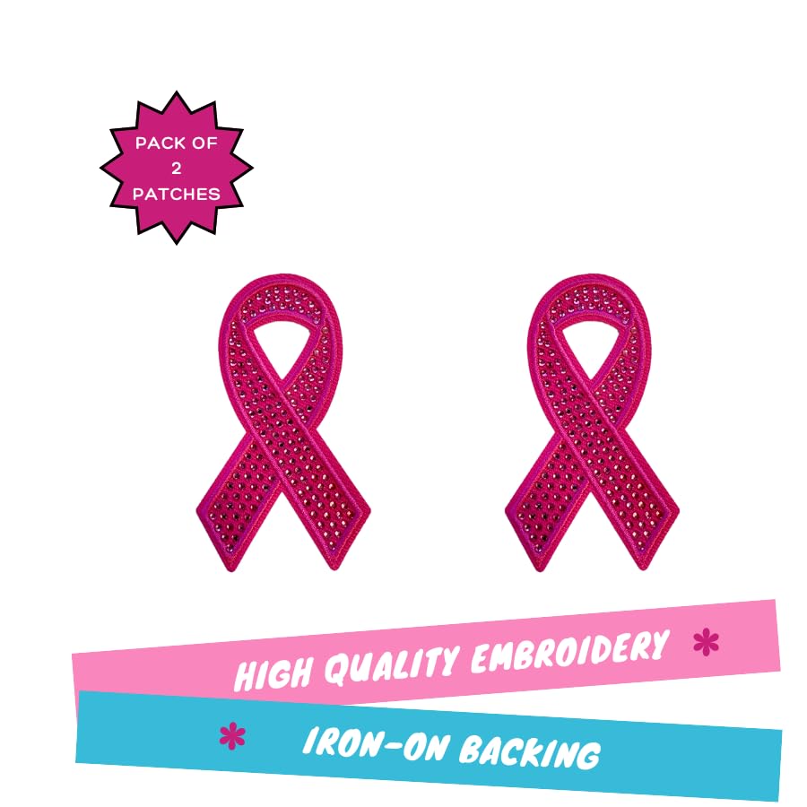 Pink Gemstone Breast Cancer Ribbon Patch, 1.75" x 3”, 2-Pack, Embroidered Iron-On for Hats, Bags, Jackets - color: Breast Cancer Ribbon - Pink Gemstone