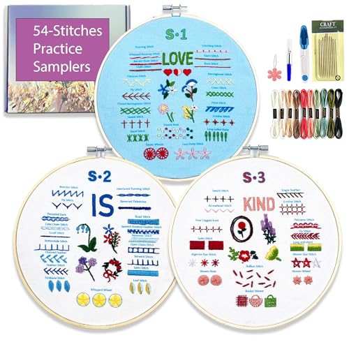 Sutesloly Embroidery Kit for Beginners Adults, 3 Sets Learn to Floral Patterns Simple Starter kit for Beginners, 54 Stitches Easy Practice Kit, 7.8inch Hoop, Hand DIY Craft Gift for Women - color: blue