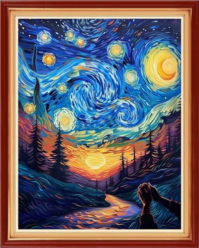 Funchey Stamped Cross Stitch Kits, DIY Cross Stitch Pattern for Adults Beginners Needlepoint Kits Embroidery Kit Arts and Crafts 11CT-Van Gogh Prays Under the Starry Sky 16x20 inchs - color: HandicraftColor24