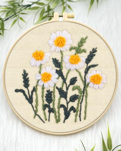 ERKOON Punch Needle Kit Beginners Adults, DIY Easy Flower Embroidery Set for Starter Art Craft, Needling Punching Project with Patterns, Tools, Yarns, Hoop, Instruction (Daisy) - color: Daisy
