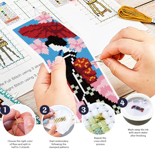 ACRNIGHEET 6PCS Cross Stitch Bookmark Kit for Beginner Stamped Cross Stitch Kits for Adults Japanese DIY Tassel Embroidery Bookmark Kits Needlepoint Kit with Instructions Craft Gift 8.5''x3'' 11CT - style: Japanese with Tassel