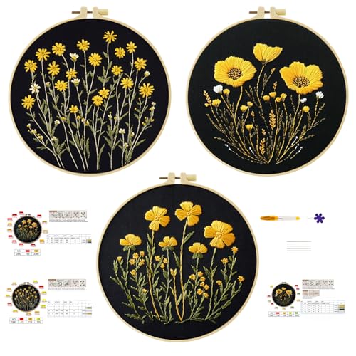 57lilina Embroidery Kit for Beginners, Pack of 3 with Hoop, Threads, Needle - color: Flower B