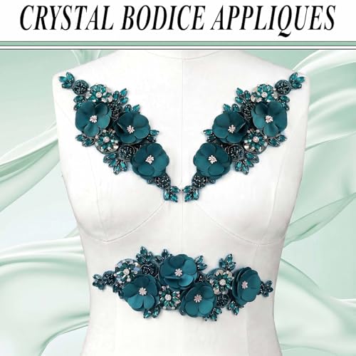 Handmade 3D Flower Embroidery Applique Rhinestone Lace Patches, Turquoise - color: Turquoise