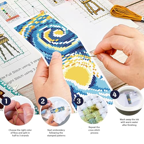 FREEBLOSS 6 Set 11CT Cross Stitch Bookmarks Kit Starry Sky 8x2.4inch - style: Star Night